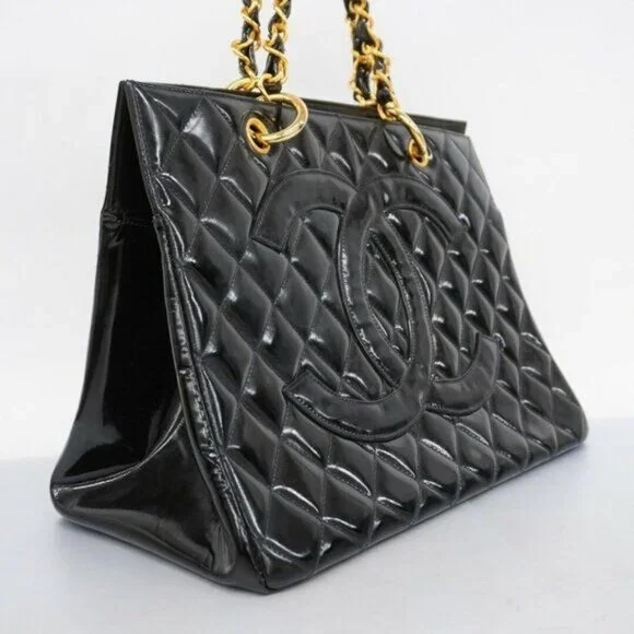 CHANEL CC Patent Shopping Tote Quilted Chain Shoulder Bag Gold Purse - Picture 3 of 16